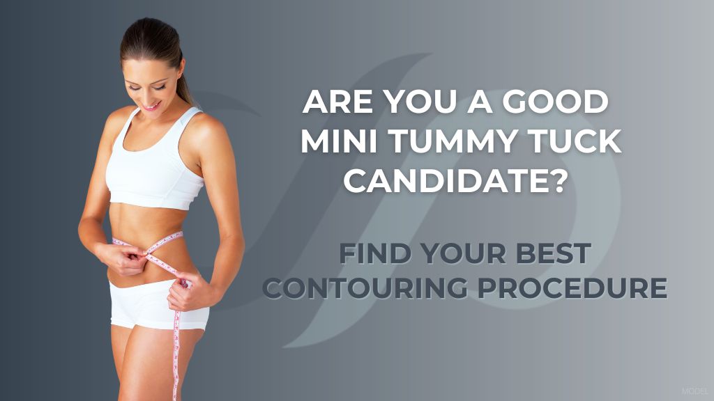 Woman in a white gym top and shorts measuring her waist with a tape measure. (MODEL). Text on the side of the image: Are You a Good Mini Tummy Tuck Candidate? Find Your Best Contouring Procedure.