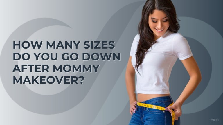 Woman measuring her waistline (model) against gradient background with Stoker Plastic Surgery logo and blog title.