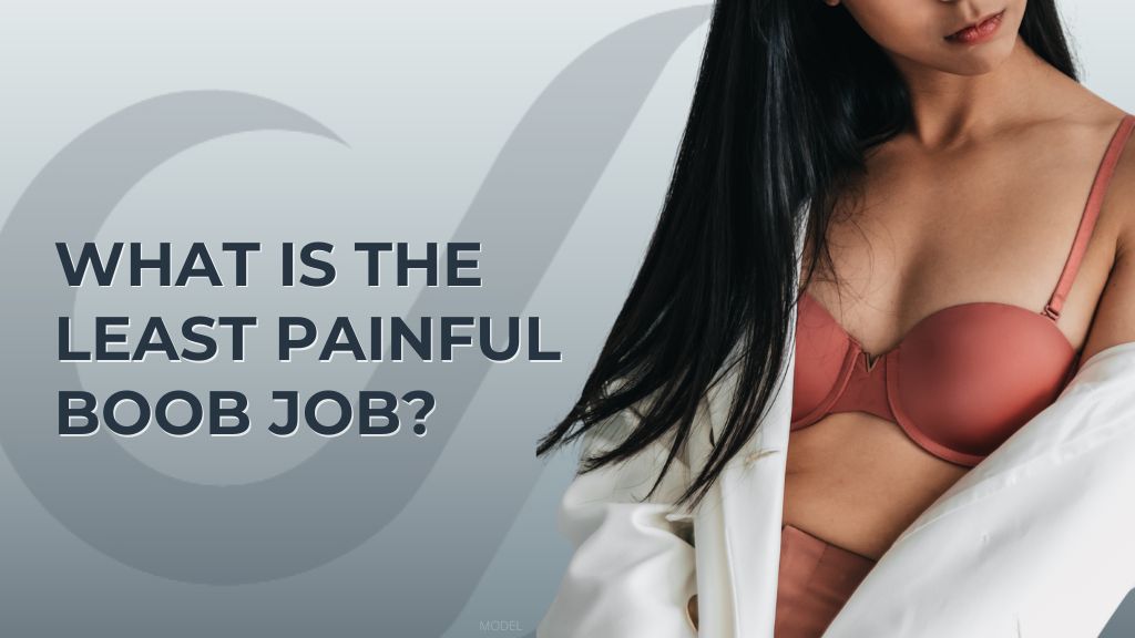 Model image of a woman wearing an unbuttoned shirt and bra with text that reads ‘What Is The Least Painful Boob Job?'